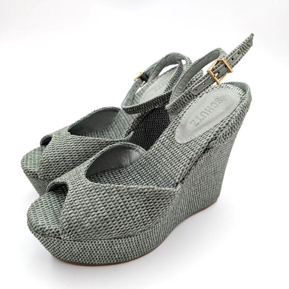 Schutz Neith Straw Platform Wedge Sandal Peep Toe Women's Green Size US9B EU40 - Picture 1 of 9